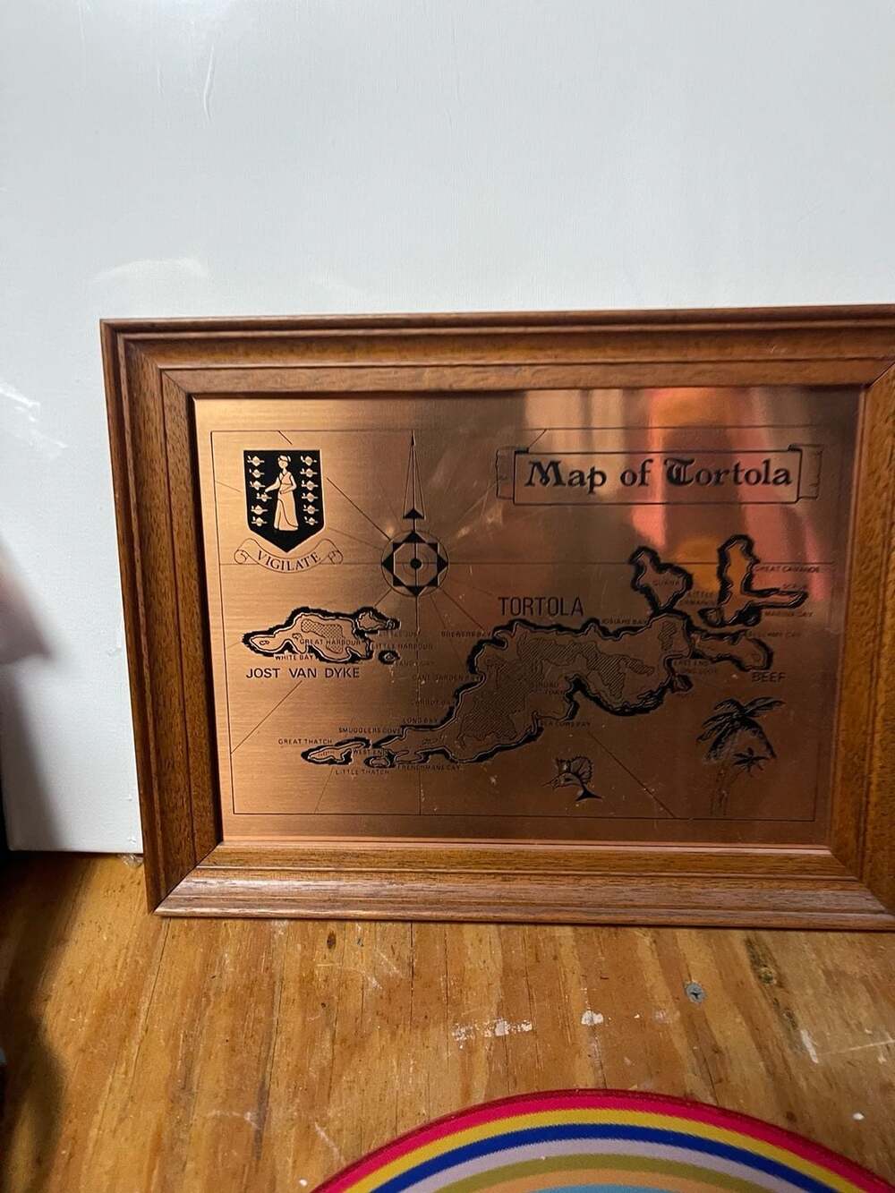 Vintage Metalcraft Copper Etching Map of Tortola British Virgin Islands Framed W